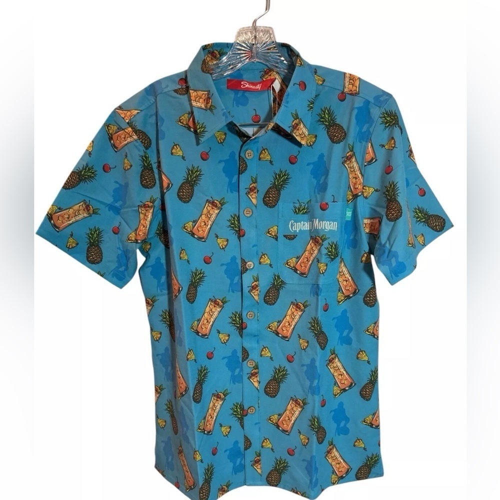 Shinesty Shirt Men's Med Blue Captain Morgan Pineapple Hawaiian Adult NWT